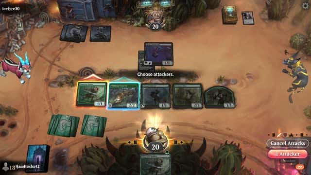 Watch MTG Arena Video Replay - Mono Green Aggro by HamHocks42 VS Mono Black Aggro by icefyre30 - Standard Challenge Match