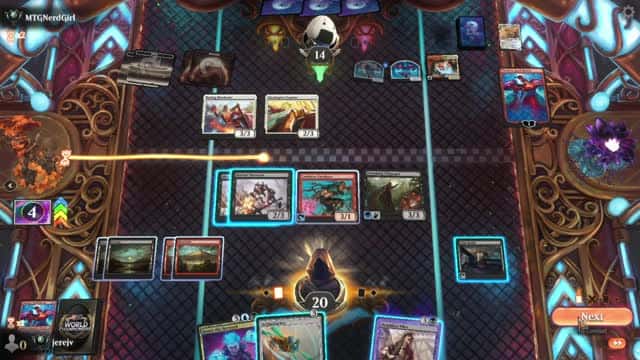 Watch MTG Arena Video Replay - UBRG Midrange by jerejv VS Boros Aggro by MTGNerdGirl - Premier Draft Ranked