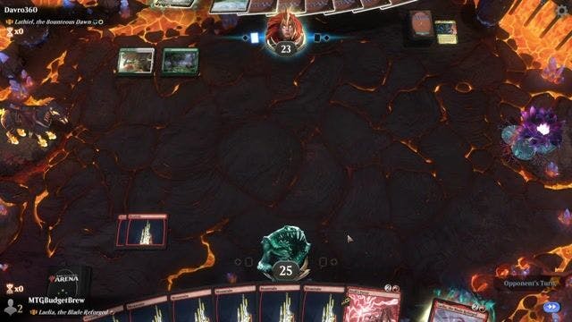 Watch MTG Arena Video Replay - Laelia, the Blade Reforged by MTGBudgetBrew VS Lathiel, the Bounteous Dawn by Davro360 - Historic Brawl