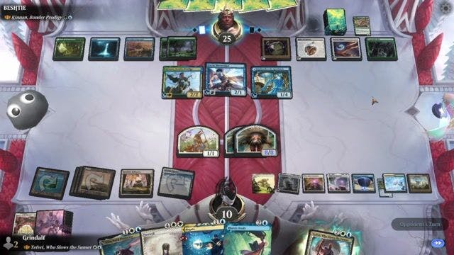 Watch MTG Arena Video Replay - Teferi, Who Slows the Sunset by Grindalf VS Kinnan, Bonder Prodigy by BESHTIE - Historic Brawl Challenge Match