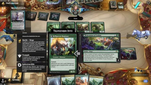 Watch MTG Arena Video Replay - Bant Humans by Germán VS Mono Green Devotion by OniPepperoni - Explorer Traditional Ranked