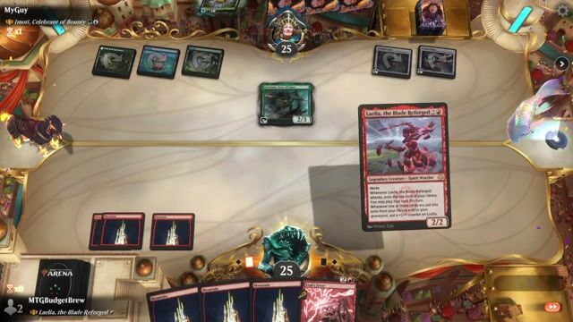 Watch MTG Arena Video Replay - Laelia, the Blade Reforged by MTGBudgetBrew VS Imoti, Celebrant of Bounty by MyGuy - Historic Brawl