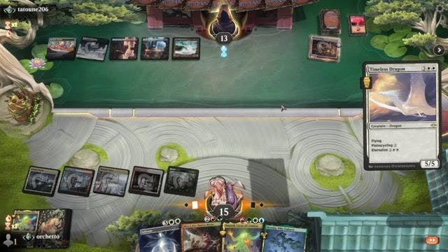 Watch MTG Arena Video Replay - 4 Color Omnath by orchetto VS Jeskai Energy by tatoune206 - Timeless Traditional Ranked